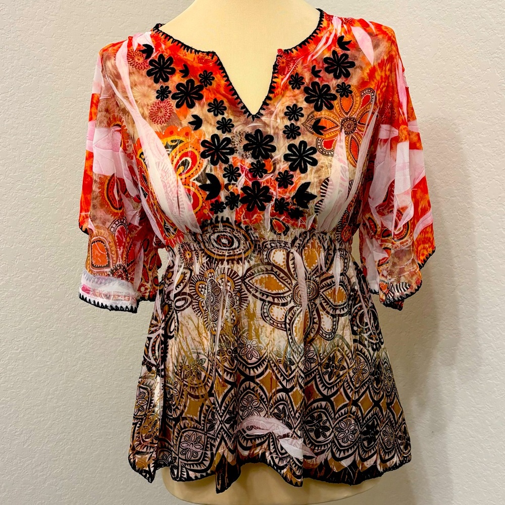 Boston Proper Boho Embroidered Sheer Top Size XS